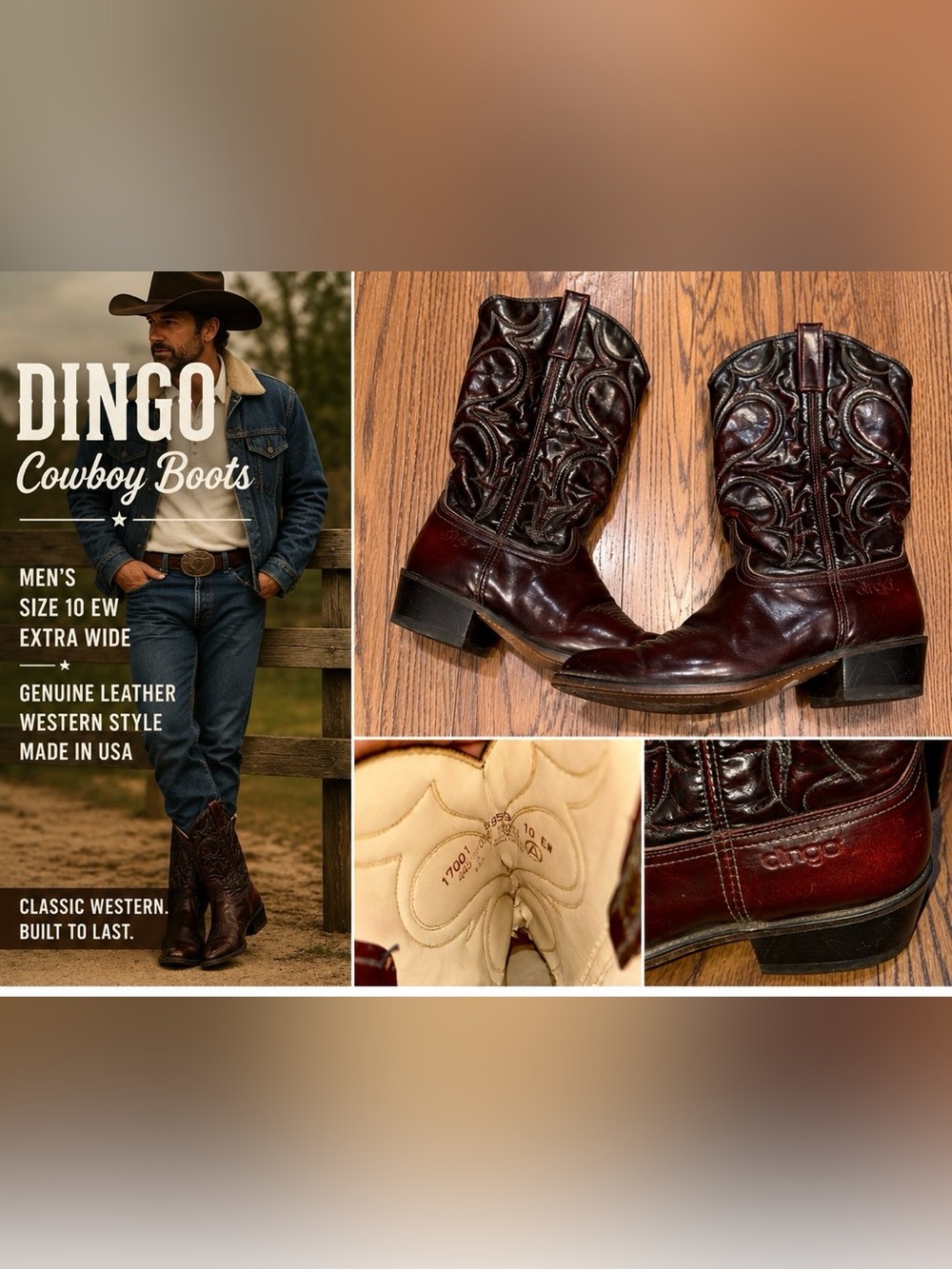 Dingo Men’s Cowboy Western Boots Burgundy Leather Size 10 EW Extra Wide